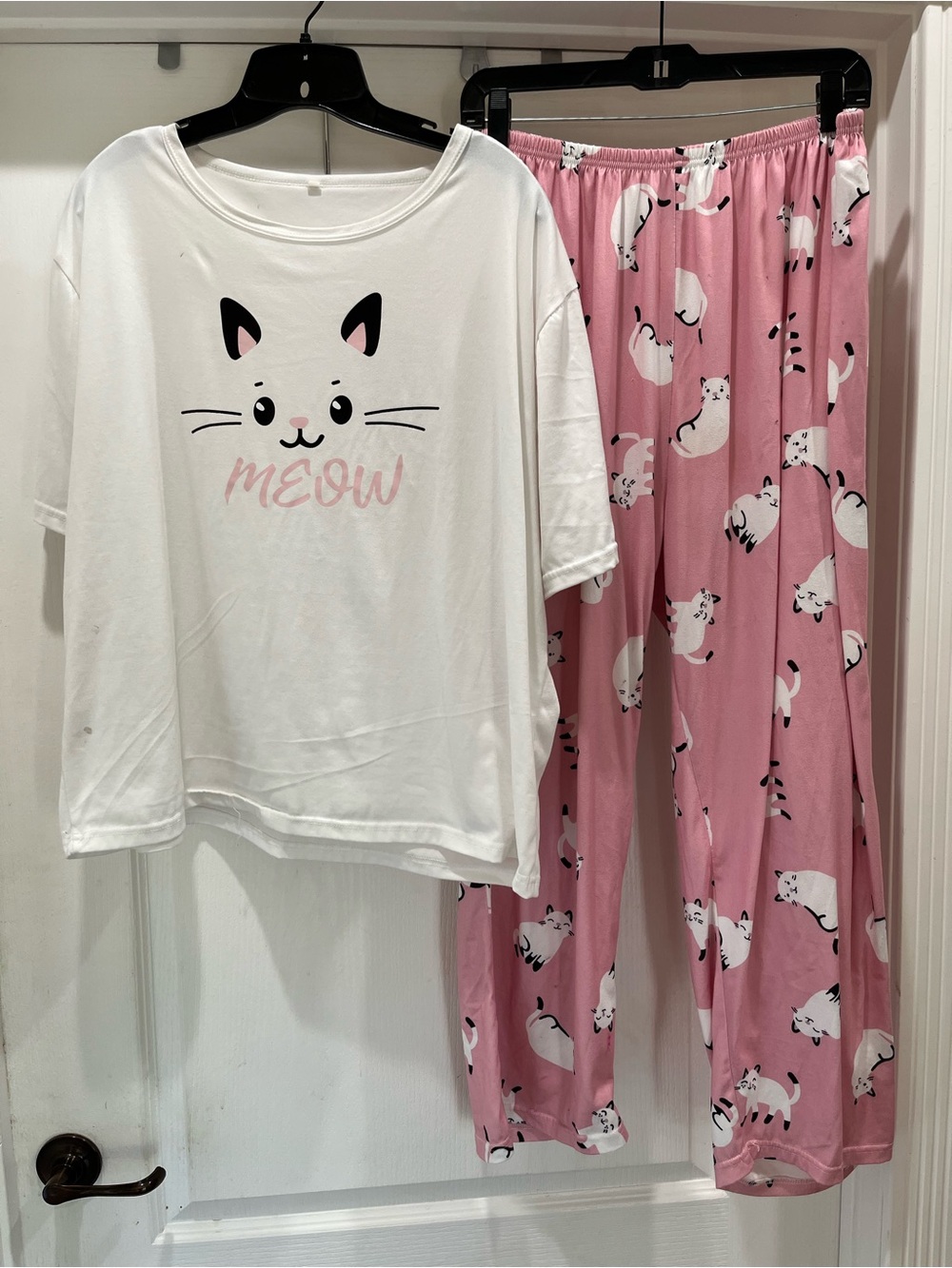 Cozy Cat 'Meow' Pajama Set - White Top & Pink Cat Print Pants
